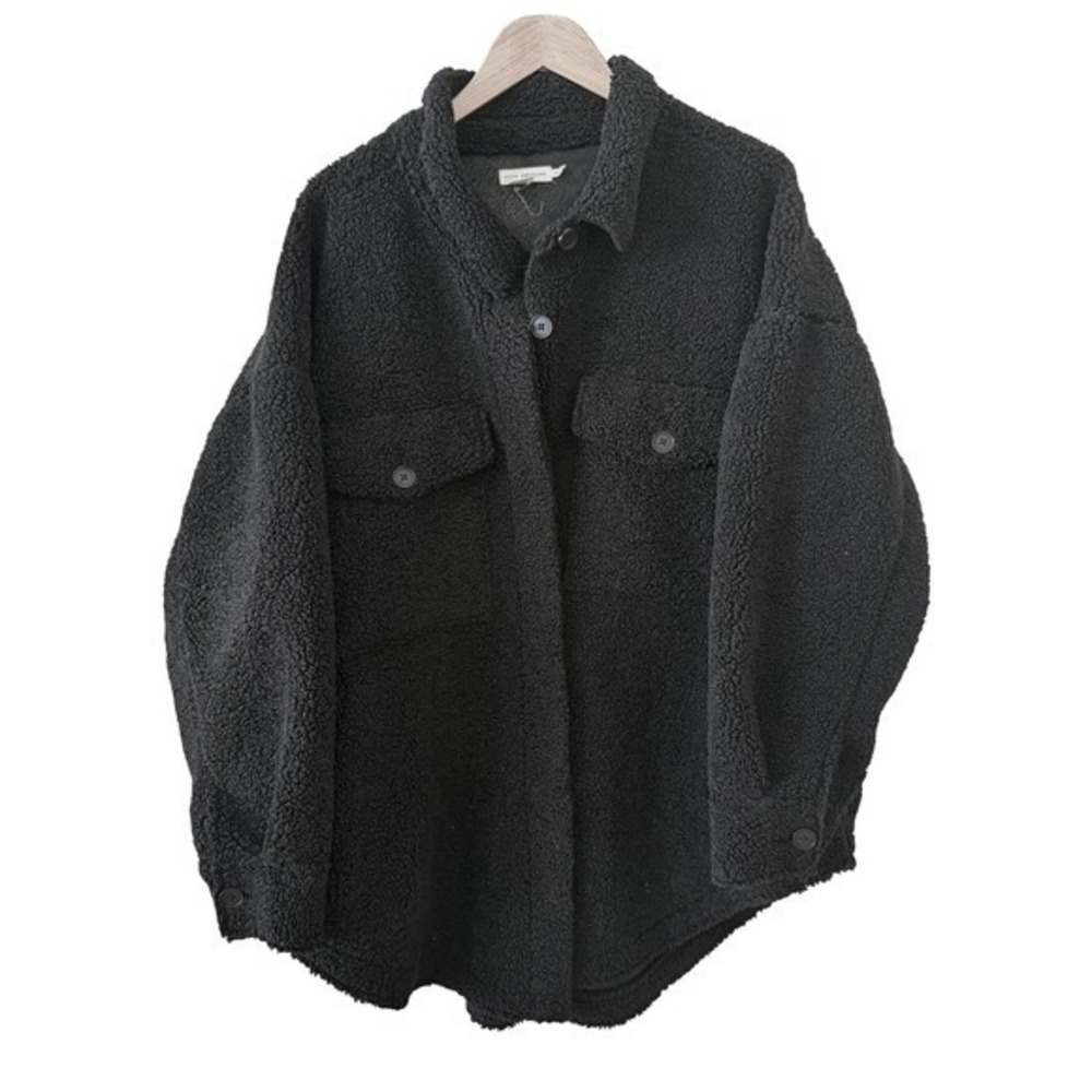 Good American Black Sherpa‎ Teddy Fleece Shacket Oversized Jacket Coat